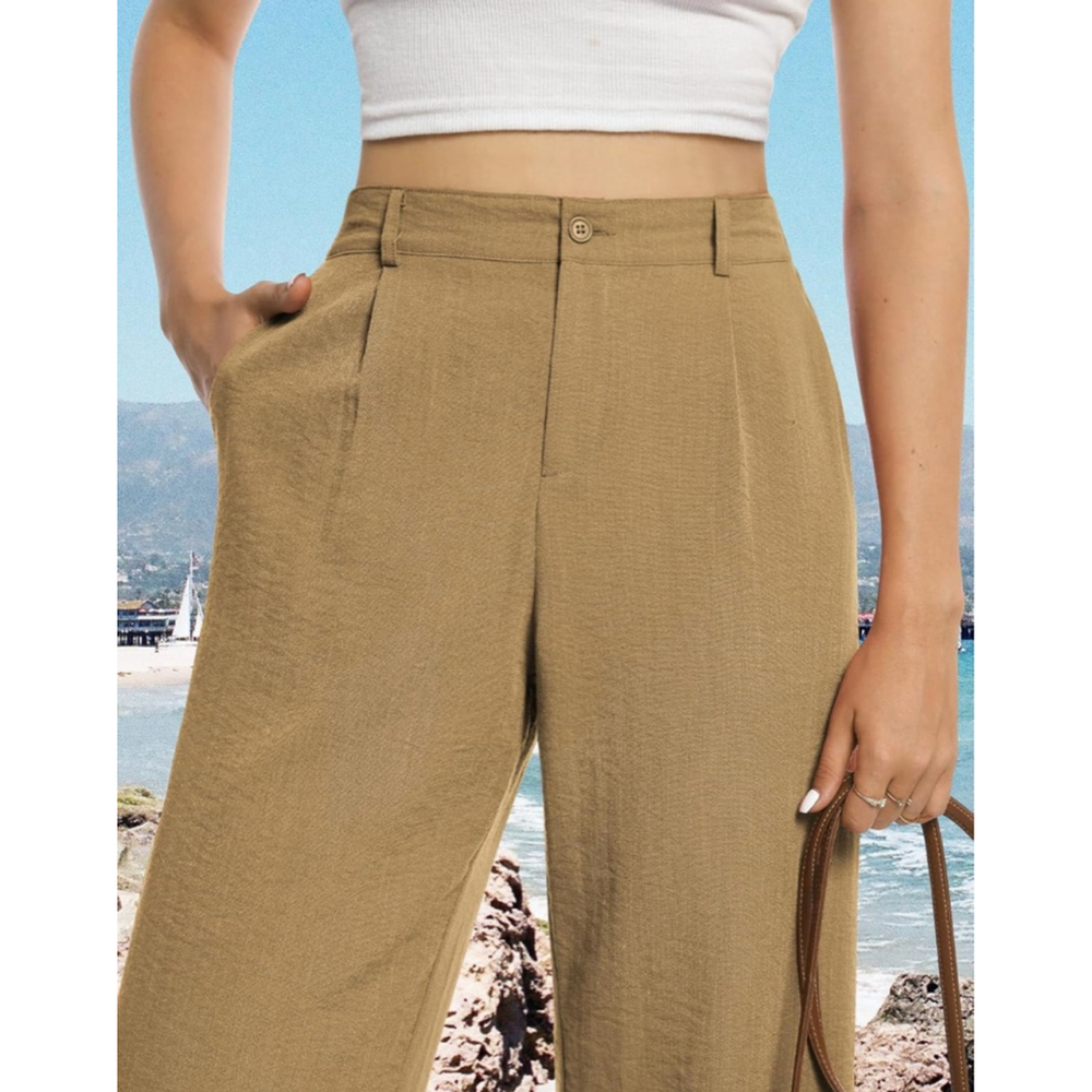 Womens Casual Wide Leg Pants High Waisted Button Down Khaki Pants - Picture 2 of 7